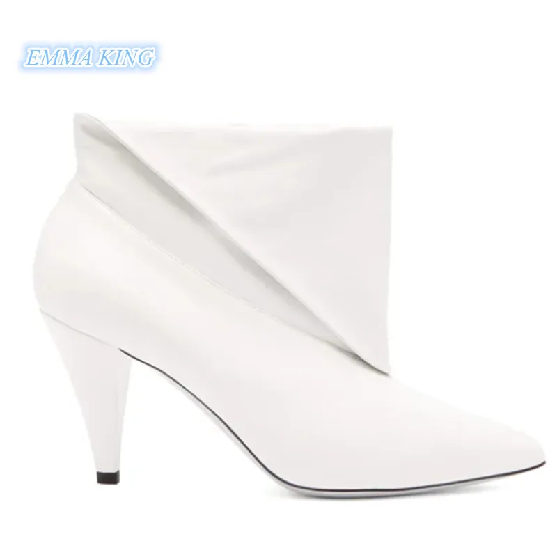 

Women White Leather Pleated Designer Ankle Boots Spike High Heels Pointed Toe Fashion Ladies Shoes New 2019 Brand Short Booties
