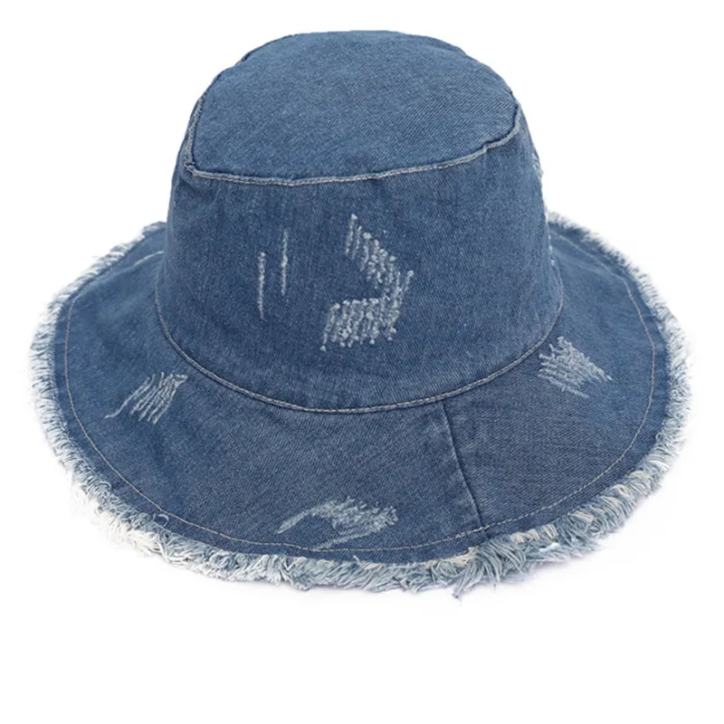 Summer Washed Denim Sun Hat Women Fashion Tassel Floppy Cap Ladies Wide
