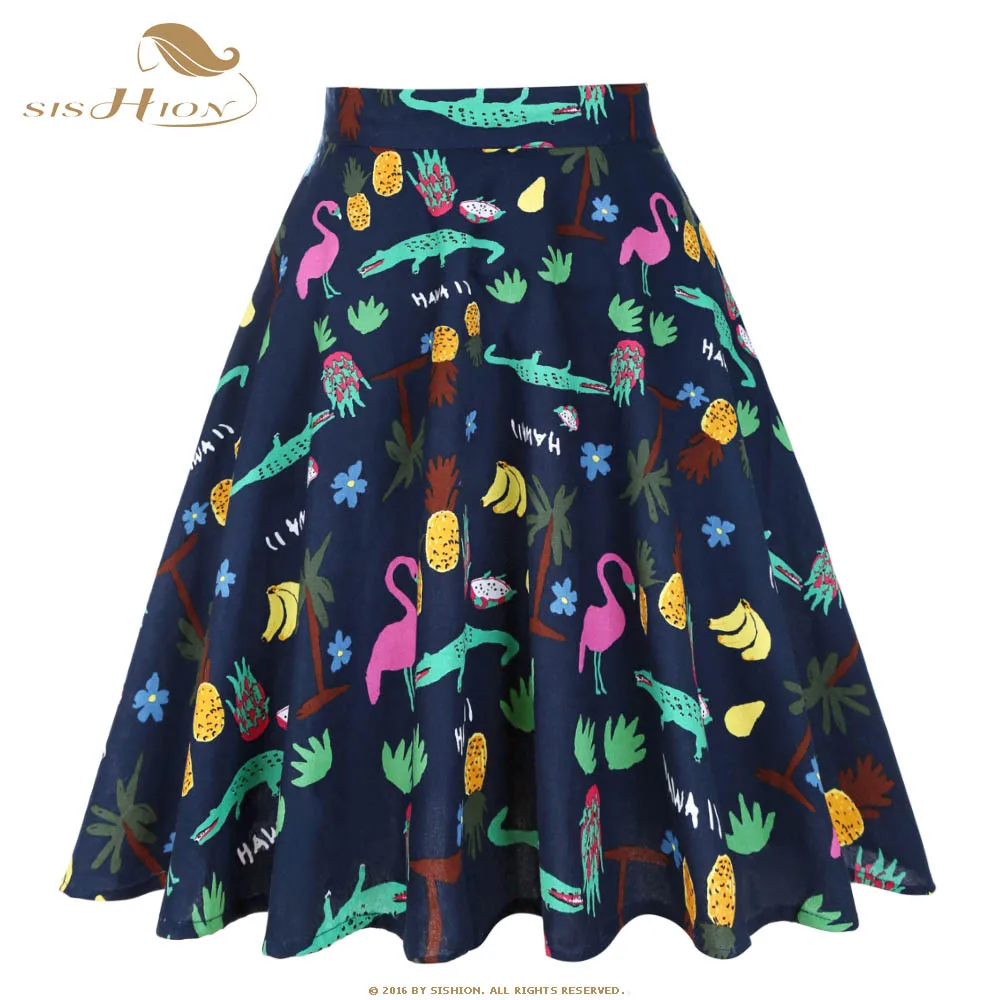 

SISHION Navy Blue Cotton Skirt VD0651 Sexy Flamingo and Fruit Print High Waist Big Swing Vintage Skater Skirts Womens
