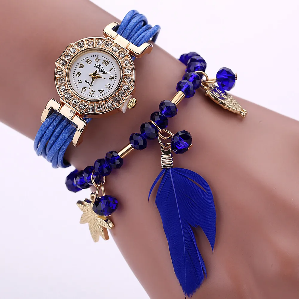 

#5001 Creative Fashion Woman Leaher Watch Feather Weave Wrap Around Bracelet Watch Crystal Synthetic Fashion Chain Watch