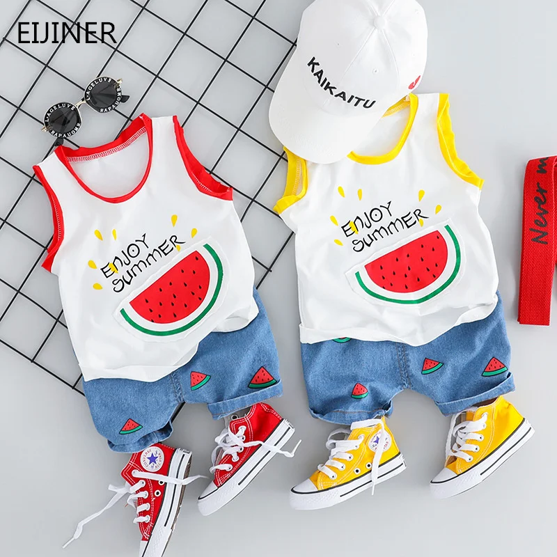 

Sleeveless Baby Boys Girls Summer Clothes Fashion Cotton Printed Fruit Sports Suit for Boy Vest +Shorts Children'S Clothing
