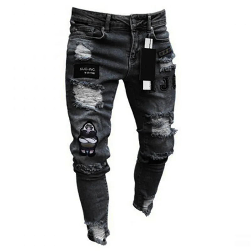 7 видов стилей для мужчин эластичные рваные обтягивающие байкерские джинсы с вышивкой и принтом рваные узкие джинсы с заклепками - Цвет: Black