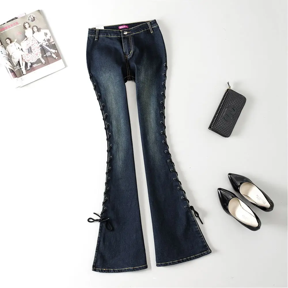 Модные женские джинсы со средней талией и поперечными вставками; женские ботинки; джинсовые брюки с вырезами; винтажные узкие расклешенные джинсы с пихтой; 021308
