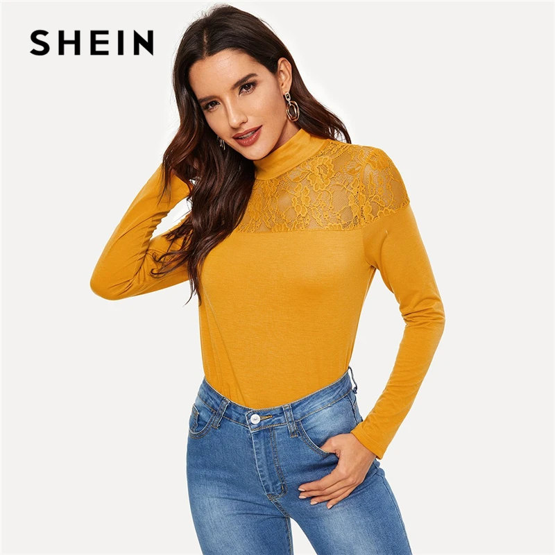 Download SHEIN Ginger Floral Lace Yoke Stretch Slim Fitted Tee Mock ...
