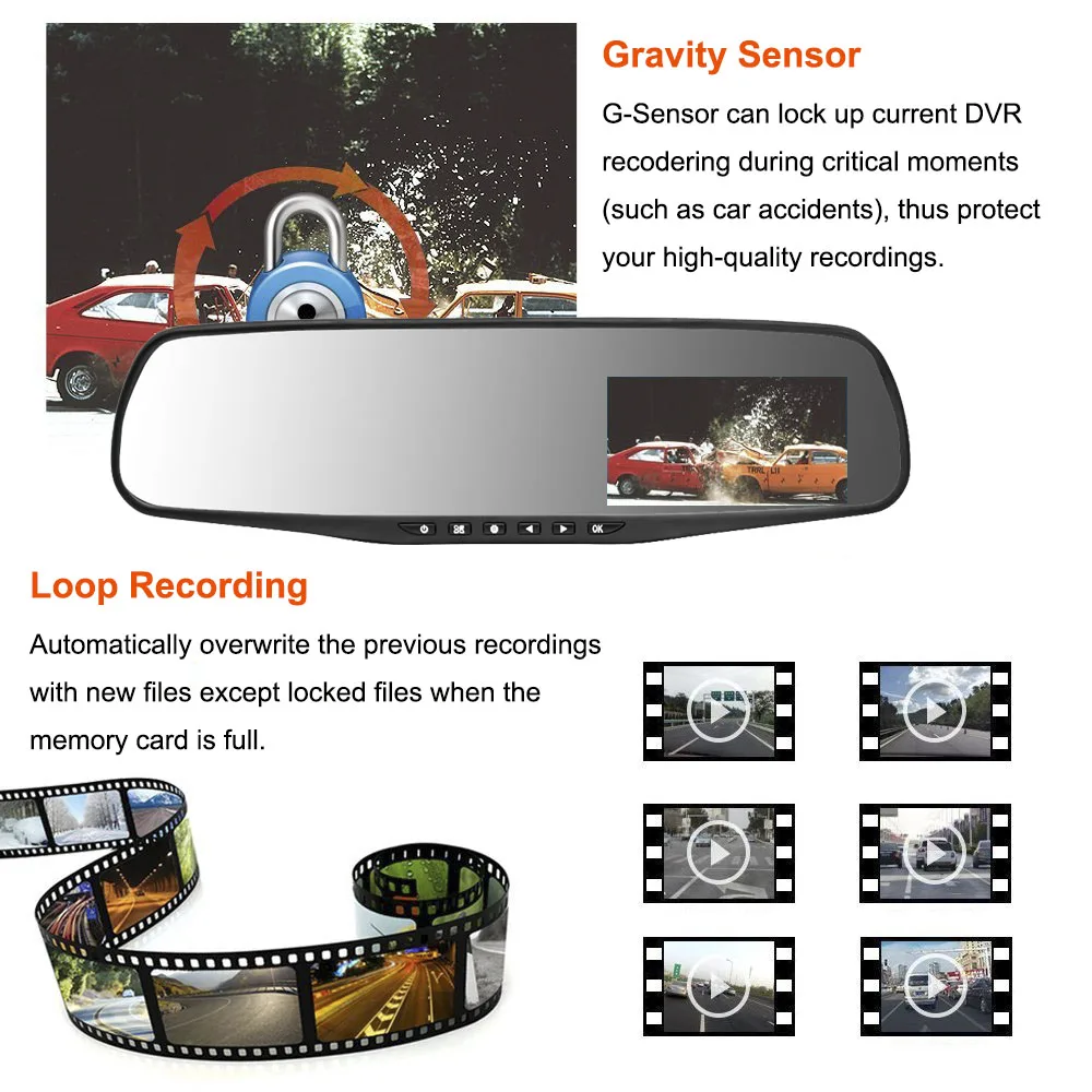 TAVIN Dual lens Car dvr white Mirror Dash cam Rearview Mirror car Camera Full hd 1080P video Recorder Night vision 4.3inch DVRs