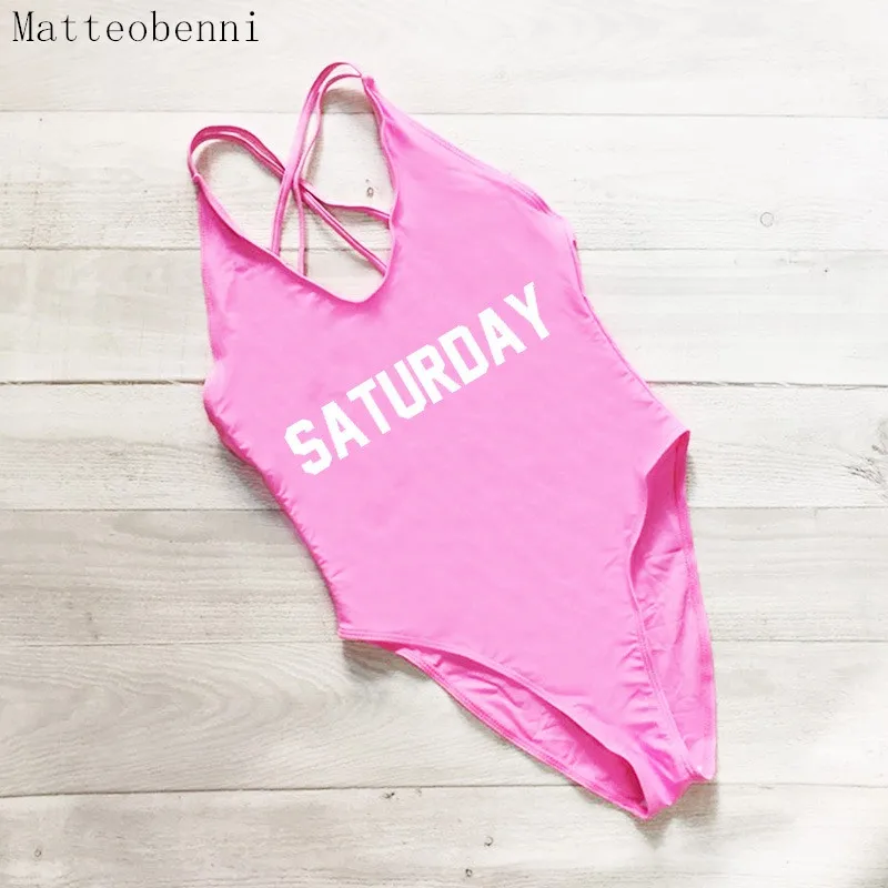 

Saturday Letter Print One Piece Swimsuit Sexy Swimwear Women Beachwear Bathing Suit Bandage Backless Monokini Bodysuit swim suit