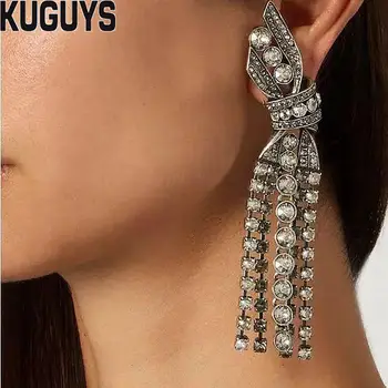 

KUGUYS Fashion Crystals Tassel Earrings for Womens Trendy Jewelry Hyperbole Black Bowknot Large Drop Earring Party Accessories