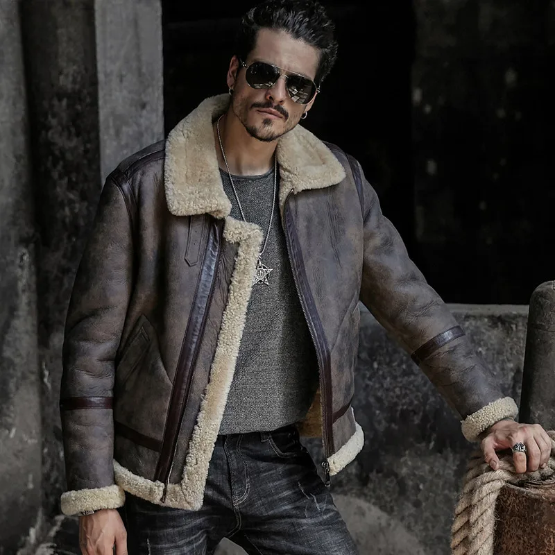 Мужская куртка из натуральной кожи мужские куртки из овчины пальто короткий дизайн мужские винтажный из натуральной кожи меховая шуба уличная одежда зимняя ретро - Цвет: vintage