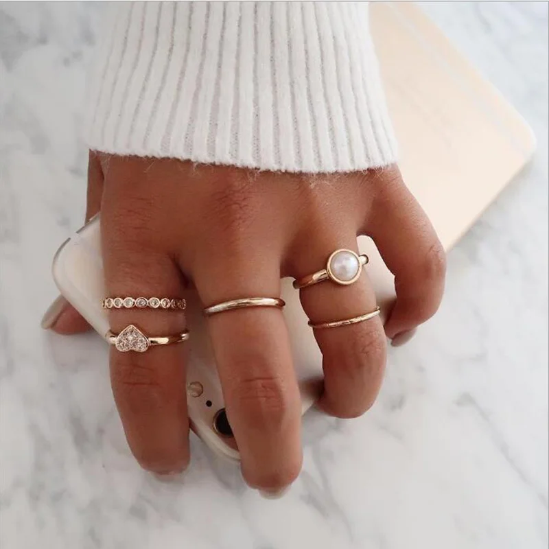 RscvonM White Beads Heart Flower Crown Shape Rings Set for Women Girl Bohemian Carving Crystal Midi Knuckle Rings Set 5pcs/1set