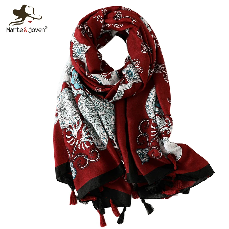 

Marte&Joven Ethnic Style Paisley Print Tassel Long Scarf Stoles for Women Soft Autumn Winter Warm Shawl Wrap Retro Ladies Hijab