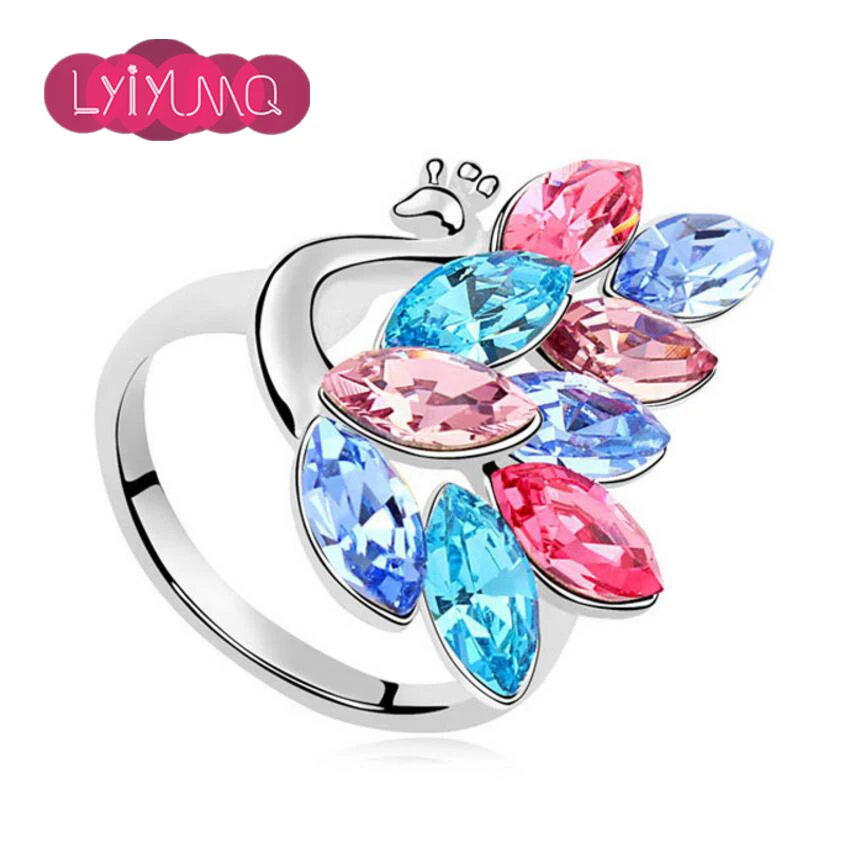 Fine Jewelry Fashion Animal Cute Cocktail Ring For Girls Party Peacock Pink Austria Crystal Rings For Women