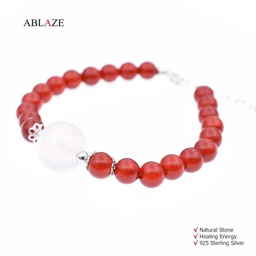 Natural Rose Quartz Bracelets Red Agate 925 Silver Fine Jewelry Healing