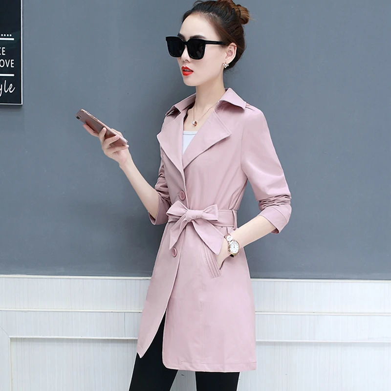 

Ailegogo Turn-down Collar Midi Women Trench Coat Casual Slim Belt Double Breasted Pink Khaki Army Green Outwear Female