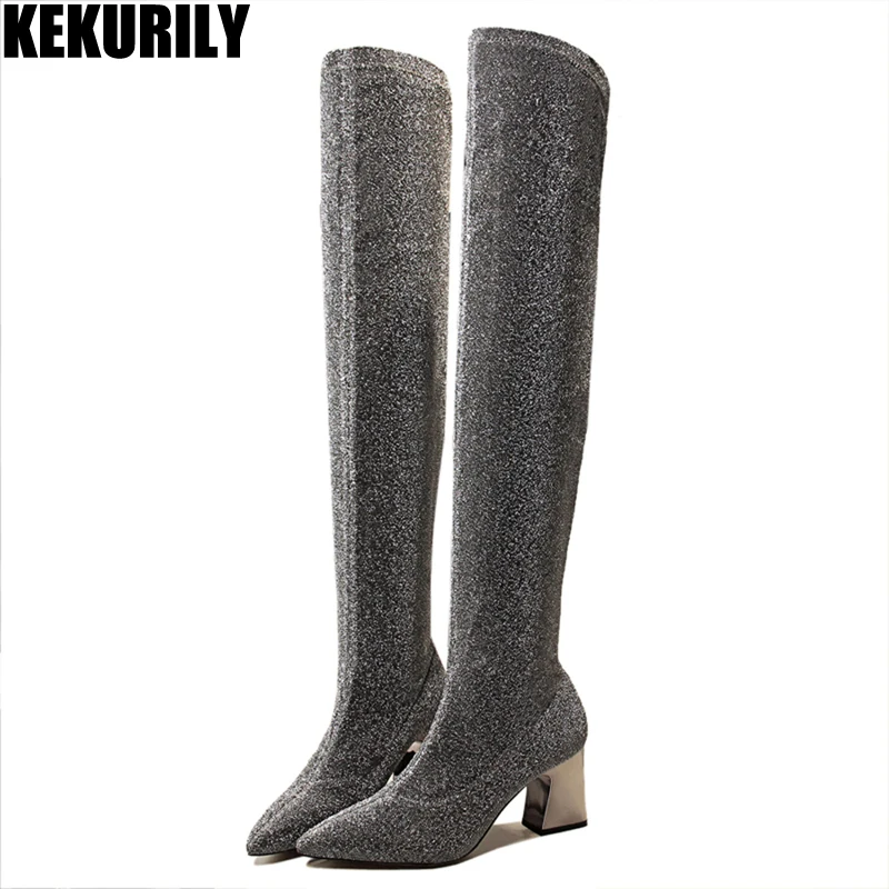 Woman Shoes Pointed toe Socks Boot Fashion Slip on Over the Knee Boots Metal High Heels Knights boot Zapatos mujer Black gray цена Woman Shoes Pointed toe Socks Boot Fashion Slip on Over the Knee Boots Metal High Heels Knights boot Zapatos mujer Black gray цены онлайн