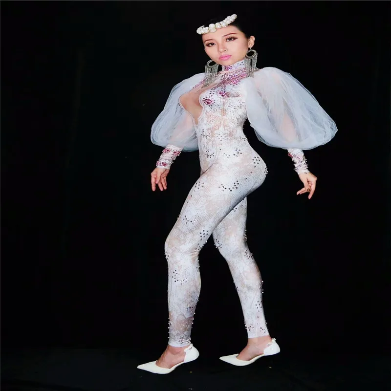 

F13 Lace Sleeves Rhinestones Female costumes Crystals Catwalk Performance Jumpsuits DJ Bodysuit stage wears Leotard party dress