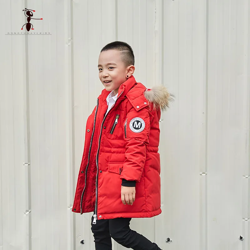 

Kung Fu Ant 2017 New Arrival Boys Down Jacket Coat Fur Hooded Long Knee-Length Pockets Zipper Thick Light in Russia GS810