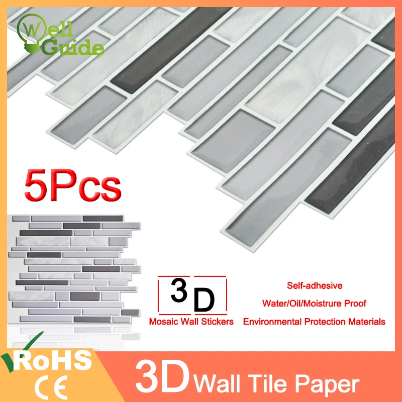 

1PC/5PCS Wall paper 3D Black Grey Marble Brick Self-Adhesive Wall Stickers Waterproof DIY Kitchen Home Wall Decal Sticker Vinyl