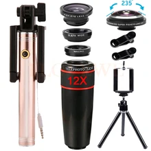 235 градусов линзы Рыбий глаз 12X телеобъектив зум Широкоугольный макро объектив клип Мобильный штатив селфи палка для iPhone сотового телефона