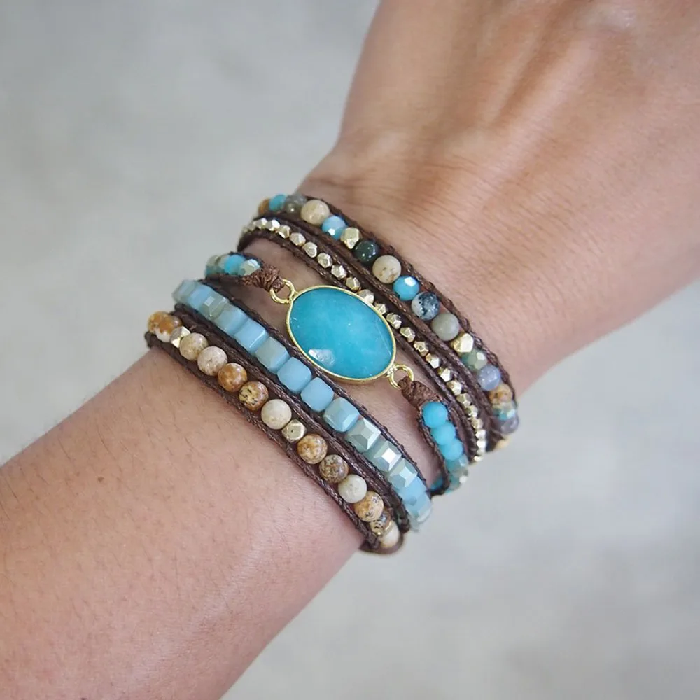 

Creative New Design Natural Druzy Stone Bead 5 Wraps Statement Boho Crystal Bracelet Jewelry