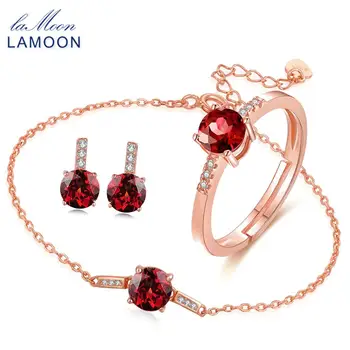 

LAMOON 2017 New 100% Real Natural Red Garnet 925 Sterling Silver Jewelry Sets S925 Fine Jewellery for Women Party V014-4
