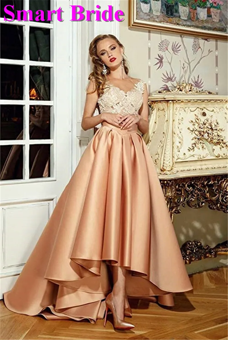 Cocktail Party Dresses 2019 Satin High Low Birthday Prom Skirts Empire Waist Pleated Skater Dress Vintage A Line CDress 1