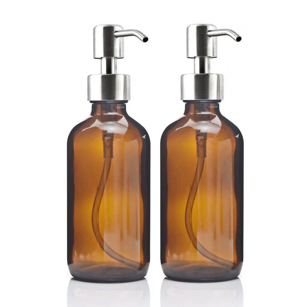 

Drop 8 Oz Large 250ml Liquid Soap Dispenser Stainless Steel Pump for Essential Oils Homemade Lotion Round Amber Glass Bottle