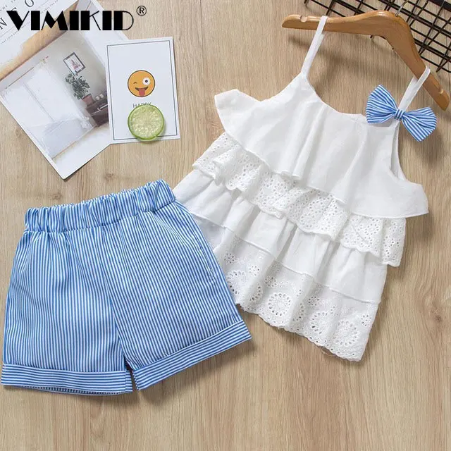 

Girls Clothing Sets 2019 Summer Kids Clothes Floral Chiffon Halter+Embroidered Shorts Straw Children Clothing