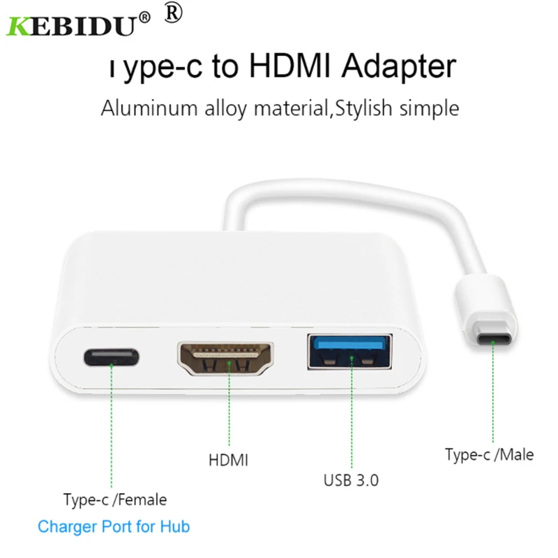 

kebidu Type C to HDMI Type C USB 3.1 Hub USB-C to USB 3.0/ HDMI/ Type C Female Charger Adapter, for New Macbook, Dell XPS 13