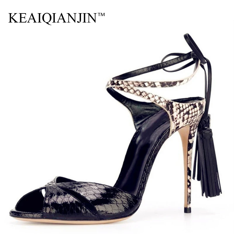 

KEAIQIANJIN Women Snakeskin Pattern Sandals Summer Yellow Blue Sexy Pumps Fringe Plus Size 34 - 43 Wedding High Heels Sandals