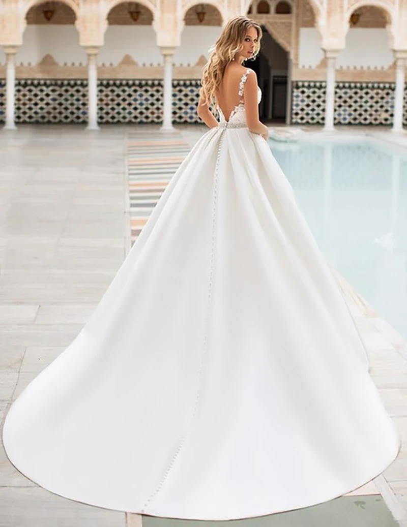 US $89.01 Sexy A Line Wedding Dress Lace Appliques Illusion Satin Bridal Dress Bohemian Wedding Gowns Floor Length Vestido De Noiva