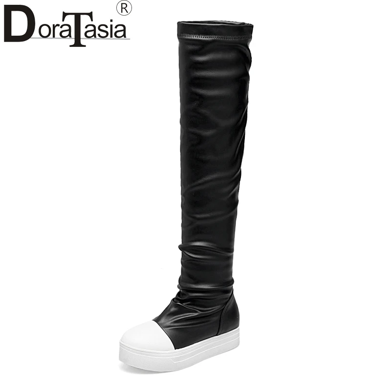 

DoraTasia New Large Size 33-43 Add Fur Flat Heels Thick Bottom Slip On Women Shoes Winter Preppy Chic Over The Knee Boots