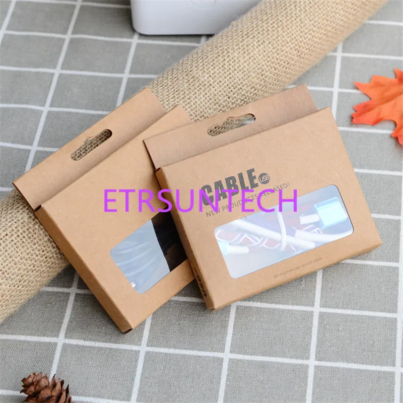 

1000Pcs/Lot 9.5x7.5x1.5cm Date Cable Packaging Cardboard Boxes Kraft Paper Data Line Packing Window Box With Hang Hole