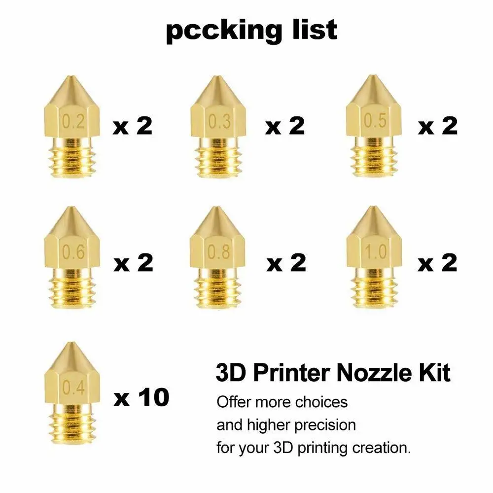 22 шт. 3D сопла для принтера MK8 Экструдер Насадка 0,2/0,3/0,4/0,5/0,6/0,8/1,0 мм латунь экструдер печатающей головки для 3D-принтеры Anet A8