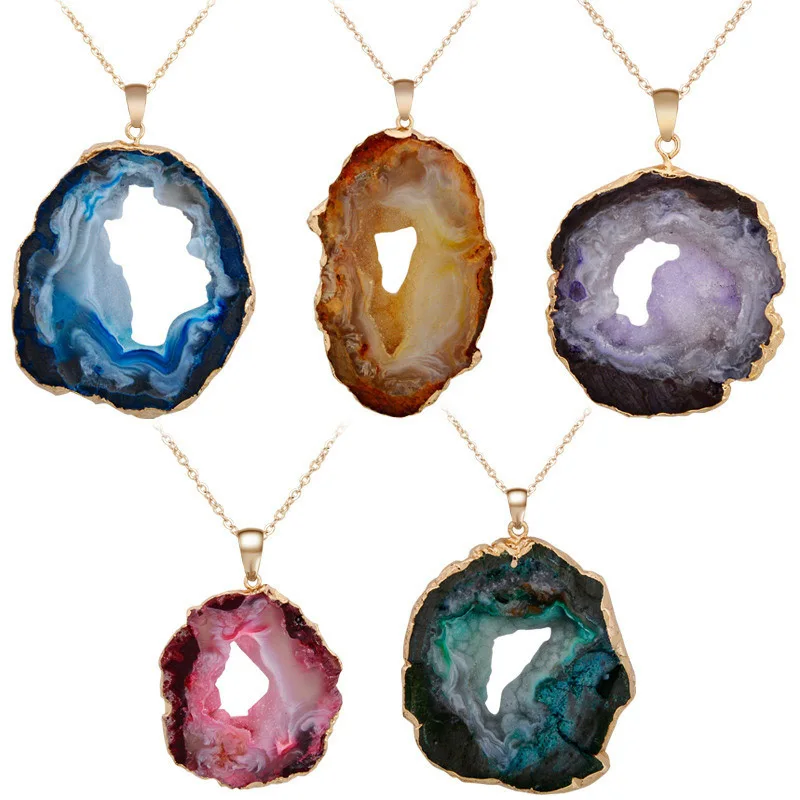 

Hot Sale Rough Natural Stone Necklaces Irregular geometric blue pink Crystal Druzy Pendant Quartz Choker Necklace for Women 50cm