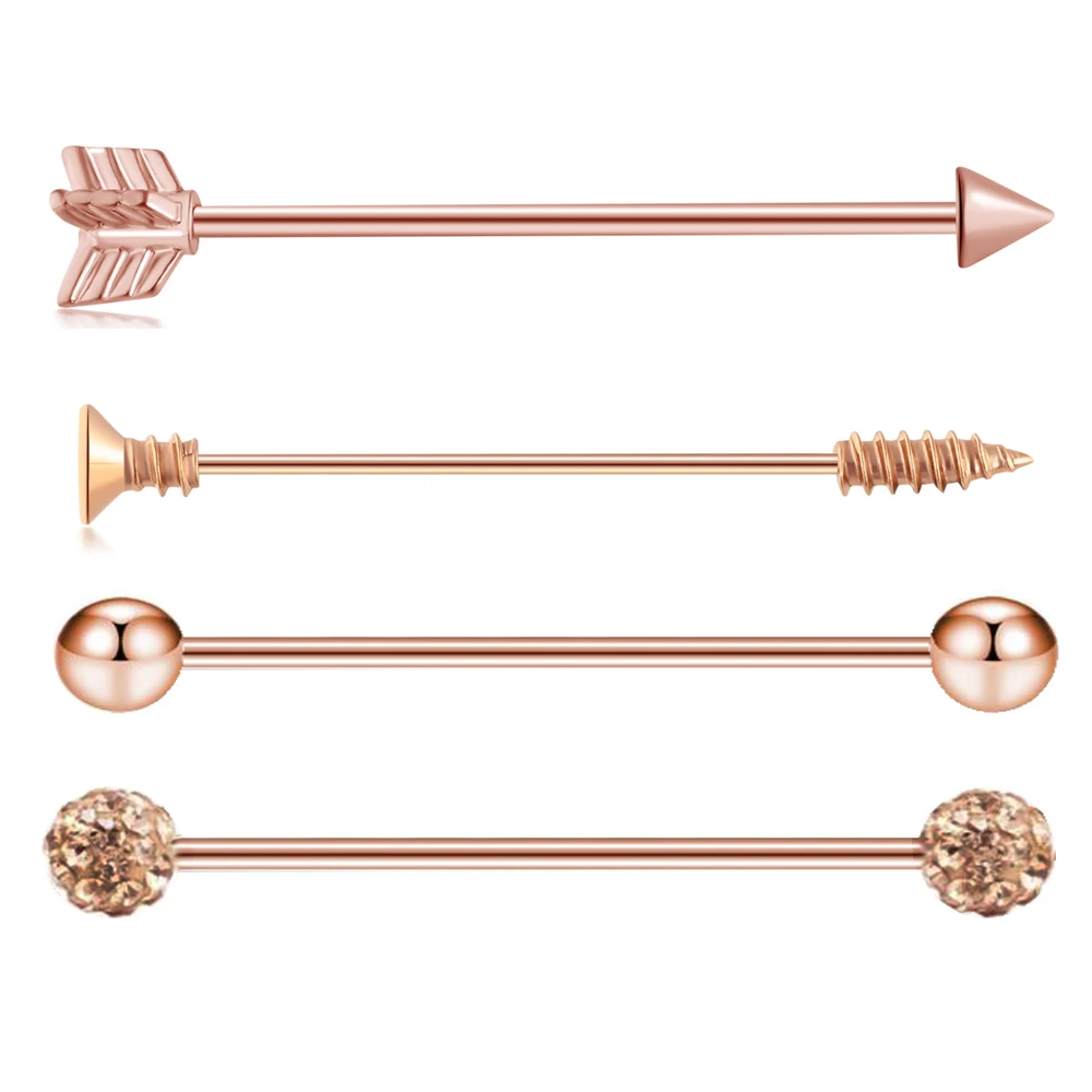 JUNLOWPY 4PC Stainless Steel 16G 14G Industrial Barbell Earring Tragus Cartilage Ear Piercing Sexy Body Jewelry For Women Men - Metal color: 4pcs rose gold