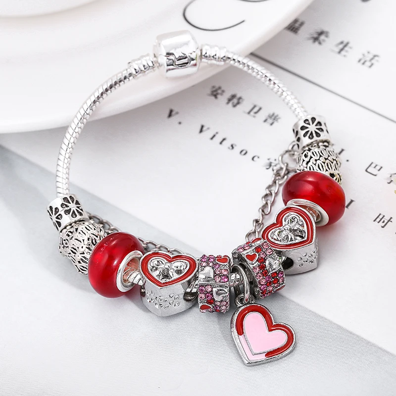 Boosbiy модный посеребренный браслет с бусинами в форме сердца для женщин DIY хрустальные бусины подходят к оригинальному бренду браслеты ювелирные изделия