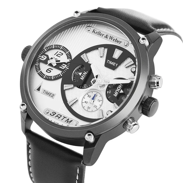 Cheap Keller & Weber Mens Watches 30M Waterproof Dual Display Quartz Stop Watch Multiple Time Zone Chronograph Army Wristwatch Clock<br />