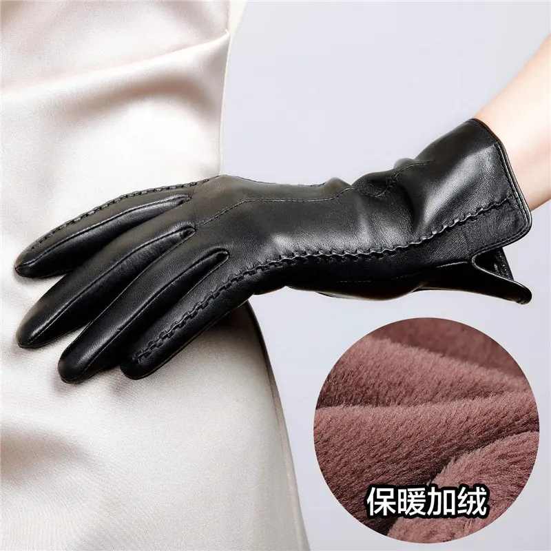 Женские перчатки из натуральной кожи женские новые стильные теплые плюшевые с подкладкой осень зима овчина вождения варежки L085NC4 - Цвет: Черный