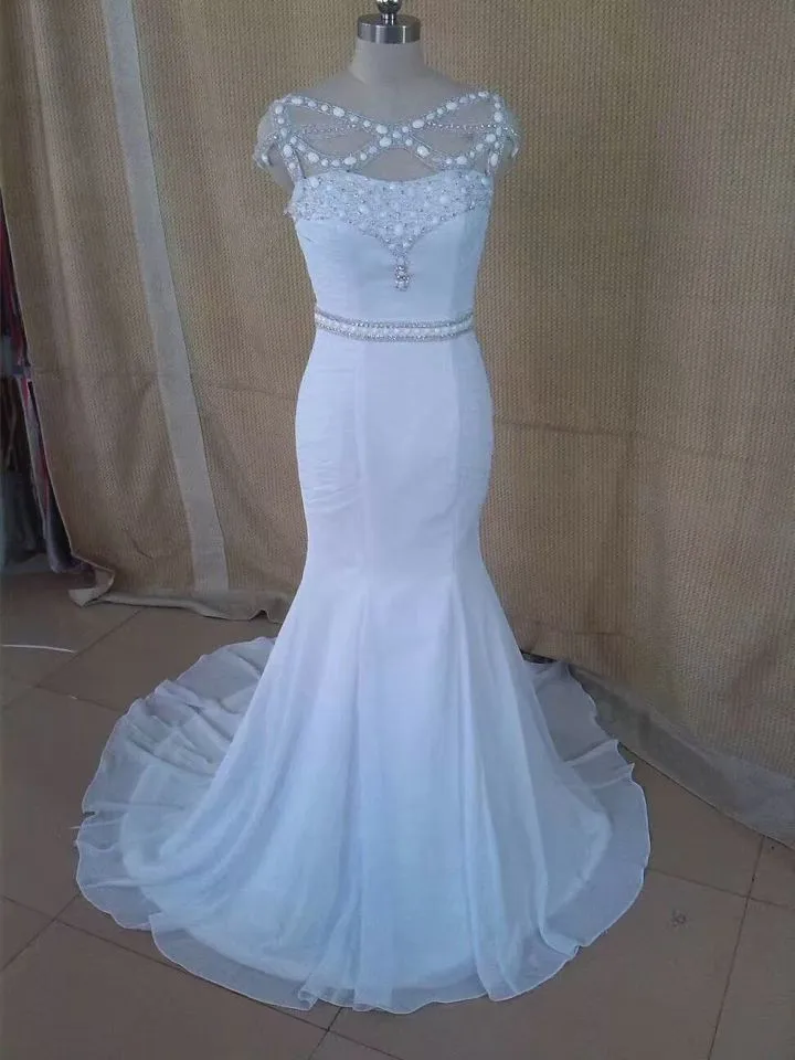 Реальное изображение Новое поступление Роскошные бисер кристаллы 2016 Русалка вечернее платье длинное формальное платье халат de soiree белый