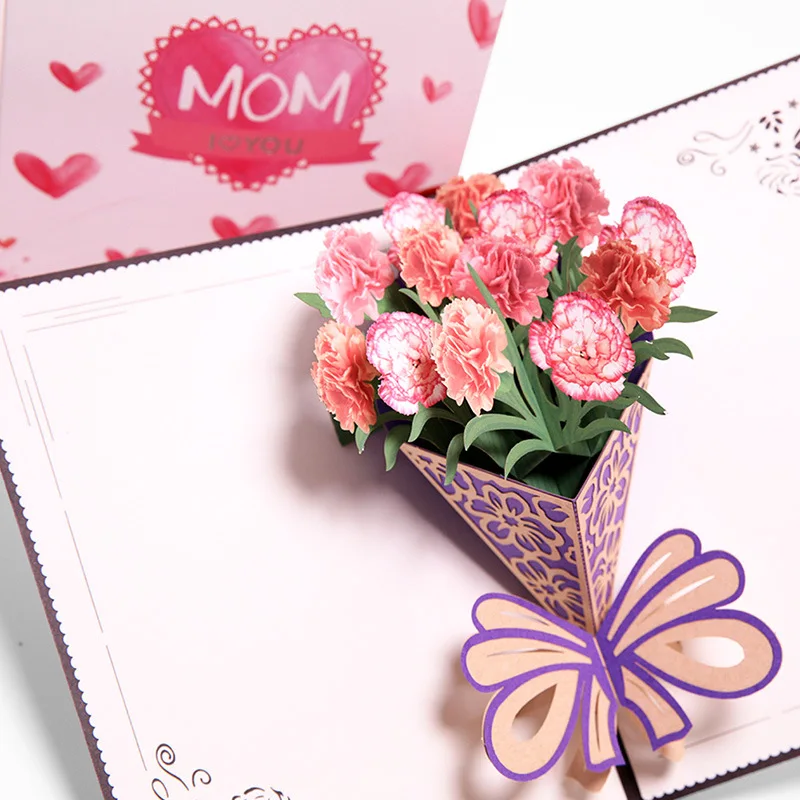 

2 x Mother's Day Greeting Card Creative 3D Stand Up Pink Carnation Wish Cards Wholesale