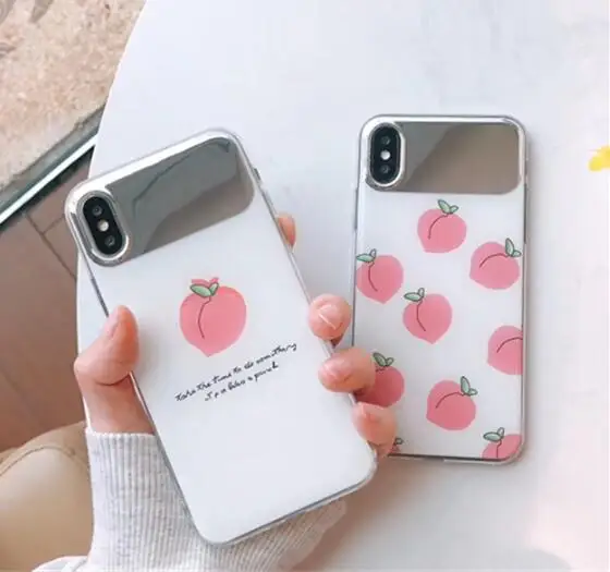

Korea Peach Mirror Phone Case for Iphone X Xs Max 6s 7 8plus Xr Glossy Clear Tpu Silicon Case Fruit Print Back Cover