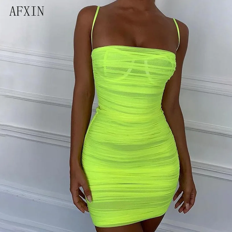 

Sexy Mesh Neon Dress Women Summer Bodycon Mini Robe Femme Party Club Green Midi Backless Spaghetti Strap Ruched Vestidos Mujer