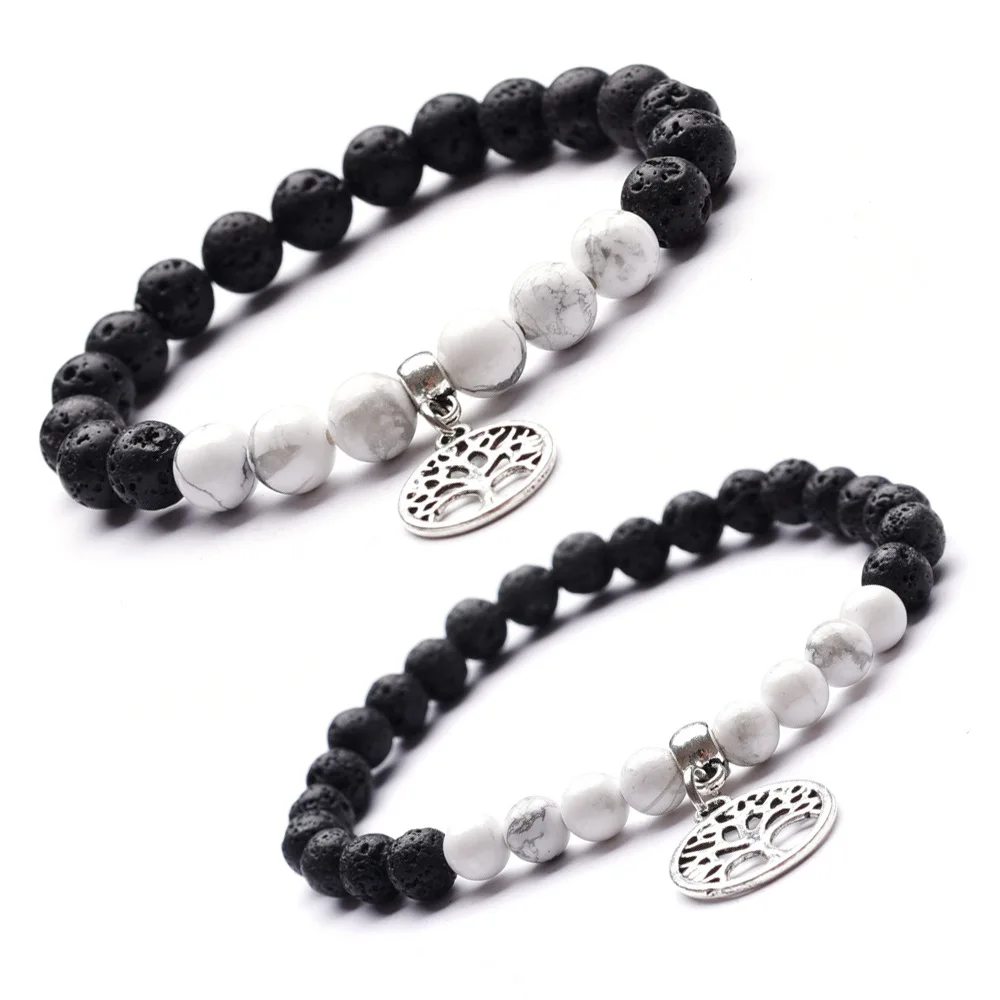 Черно белые мужские и женские Howlite чакр бусы лечебные Браслеты Натуральный Лава