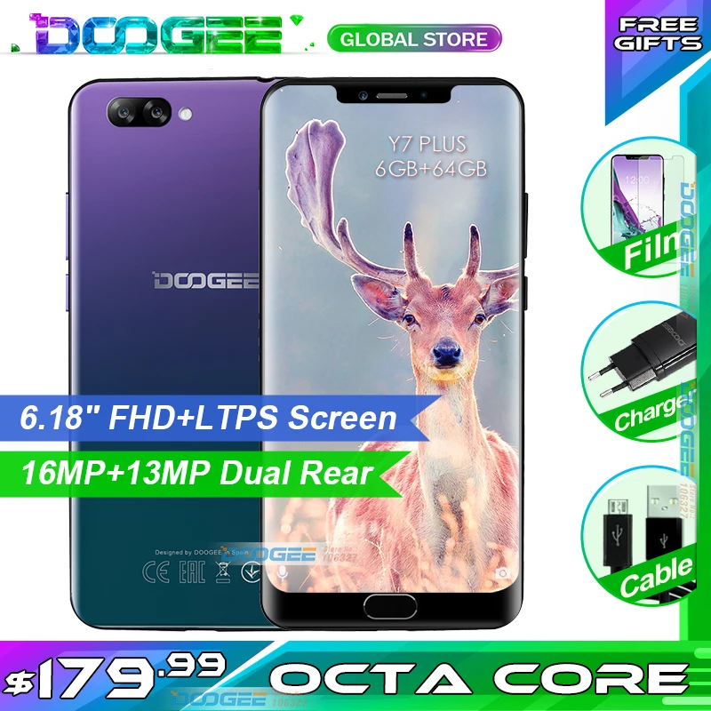 Doogee y7 plus celular 6.18 polegada 1080*2246 tela mtk6757 octa-core 2.5ghz 6gb ram 64gb rom 16.0mp + 13.0mp 5080mah android 8.1