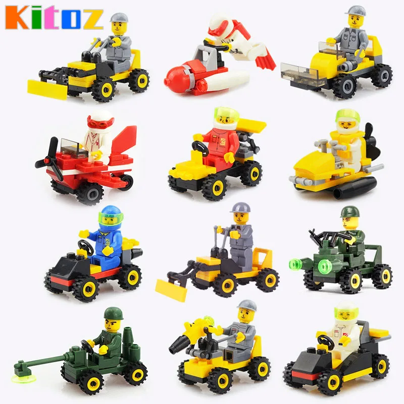 

12pcs Small Car Vehicle Building Block Excavator Racing Car Bulldozer Drill Submarine Model with Figure Toy compatible with lego