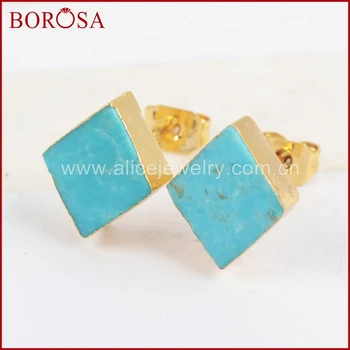 

BOROSA Rhombus Natural Blue Stone Gold Color Stud Earrings for Women, Wholesale Druzy Natural Blue Stone Stud Earrings G1321