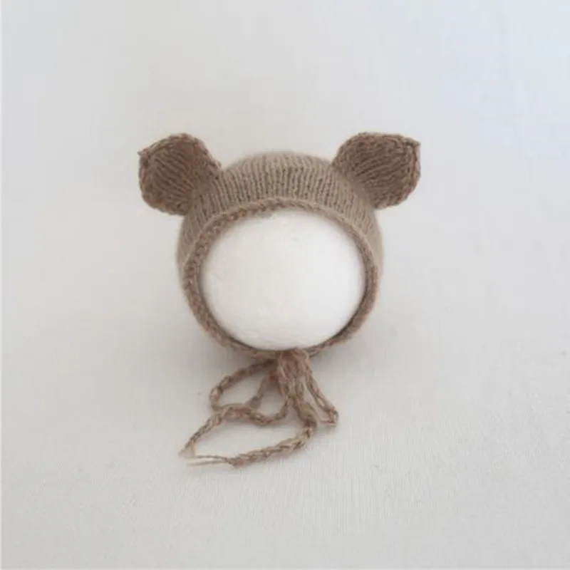 

Vintage Newborn Photography Bonnet Fuzzy Teddy Bear Bonnet Hand Knitted Baby Animal Hat Photography Props Soft Brown Hat