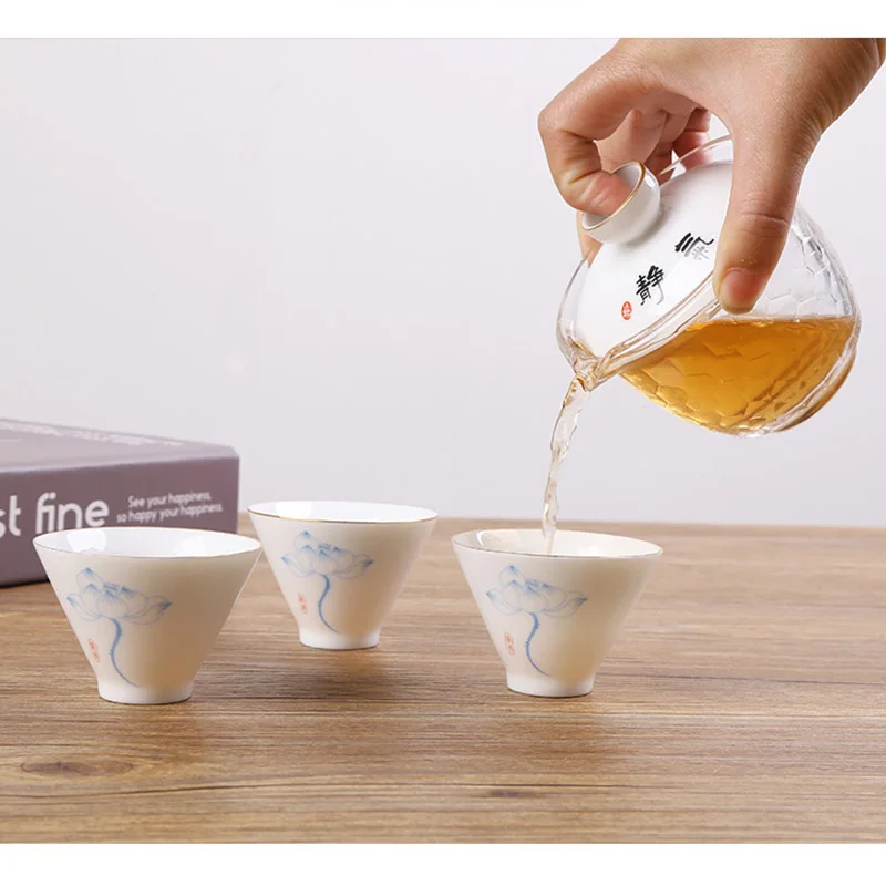 Nuevo estilo hermoso chino pintura de la mano de porcelana tazas de té tetera taza de té conjunto de deportes al aire libre Camping senderismo vajilla conjunto