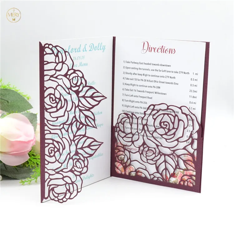 

Burgundy laser cut wedding invitation card pocket fold