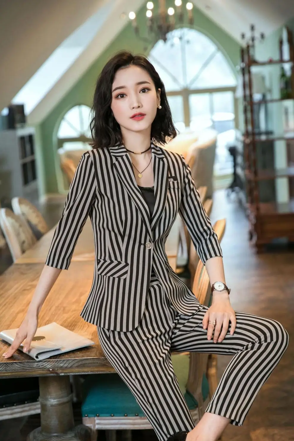 IZICFLY Spring Summer Khaki Striped Suits for Women Pants and Blazer Slim Business Completo Donna Elegante Office Wear Big Size IZICFLY Spring Summer Khaki Striped Suits for Women Pants and Blazer Slim Business Completo Donna Elegante Office Wear Big Size
